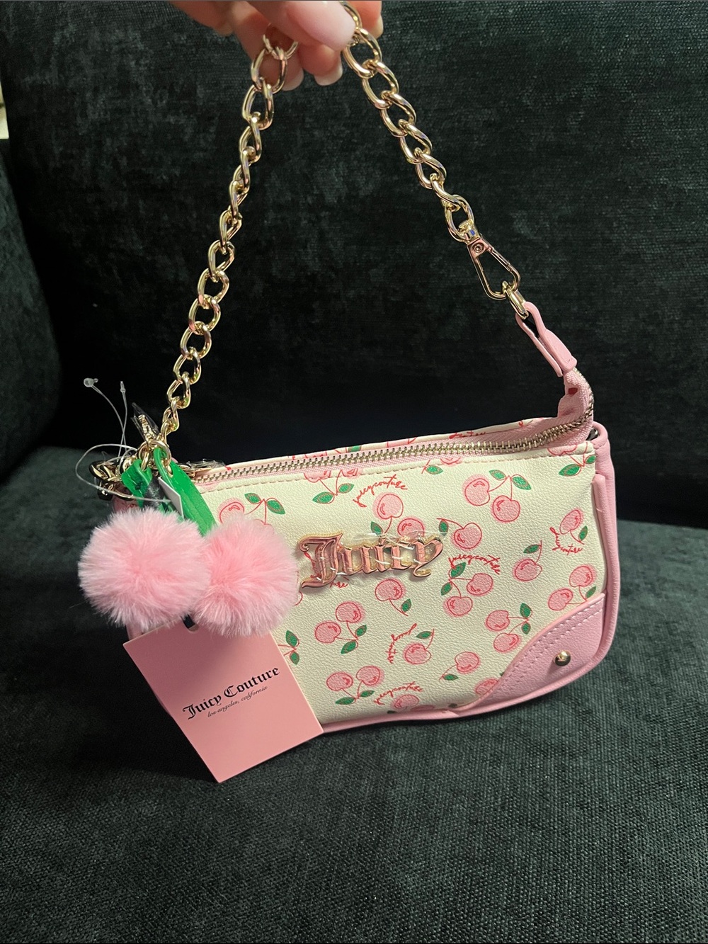 Juicy Couture Pink Cherry Print Mini Wristlet with Gold Chain